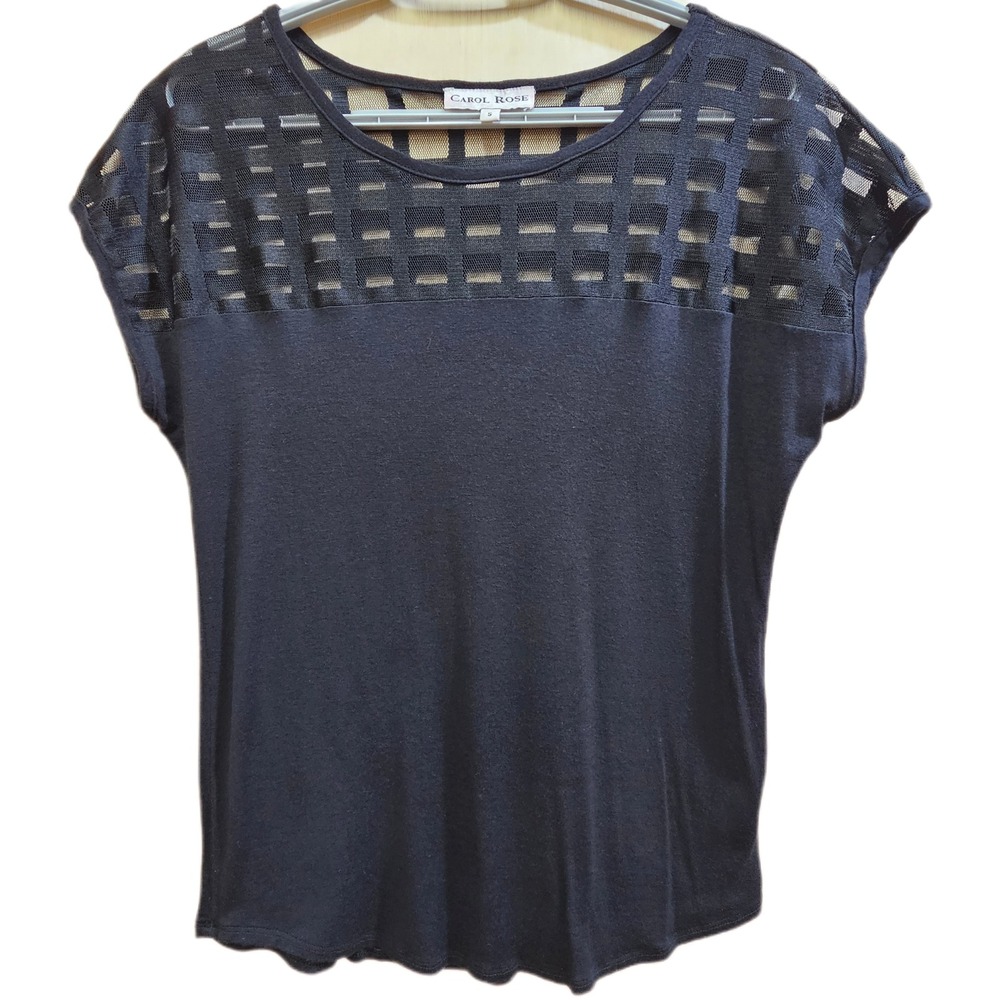 Carol Rose Black Blouse With Sheer/Lattice Yoke Size Small